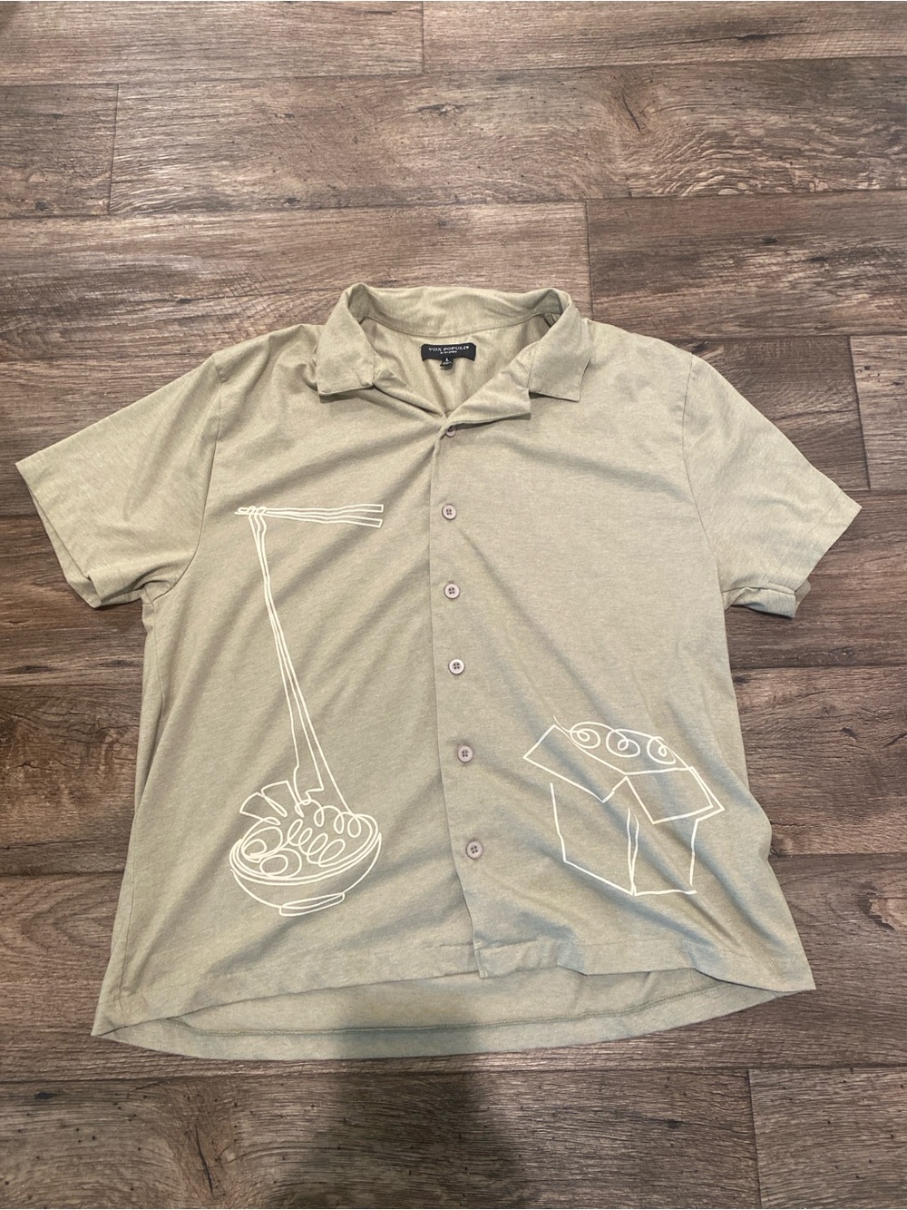 Men's Olive Green Short-Sleeve Button-Up Shirt with Noodle & Takeout